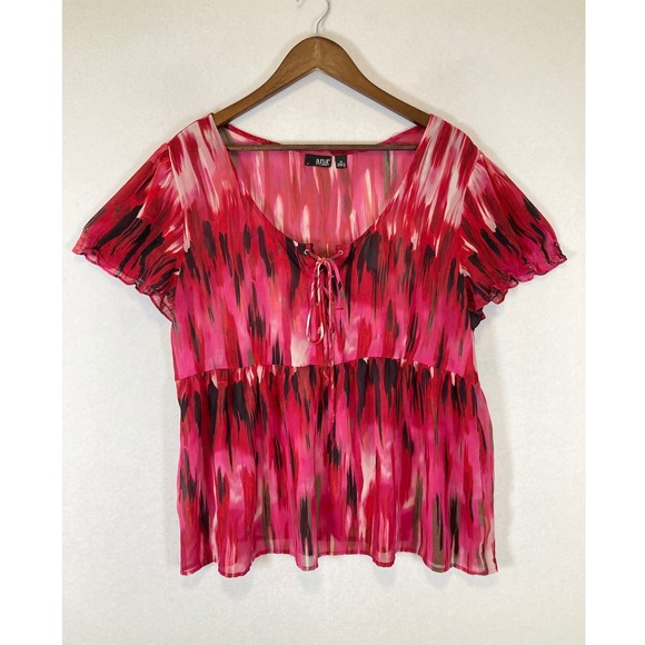 a.n.a Tops - Boho a.n.a Women XL Pink Red Abstract Flutter Sleeve Lace Up Sheer Blouse